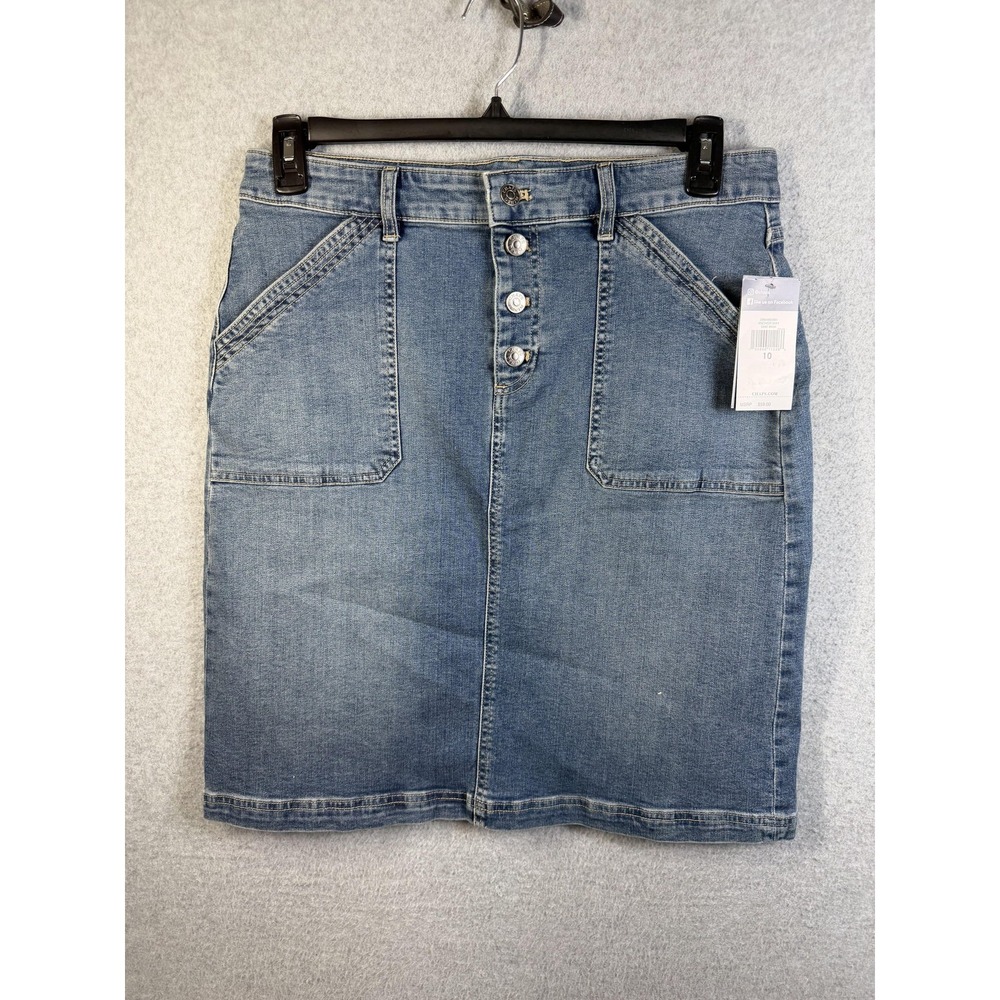 Chaps Skirt Womens 10 Blue Denim Button Front Pockets Knee Length NWT Casual